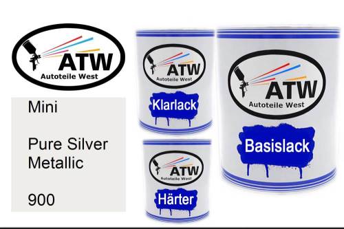 Mini, Pure Silver Metallic, 900: 1L Lackdose + 1L Klarlack + 500ml Härter - Set, von ATW Autoteile West.